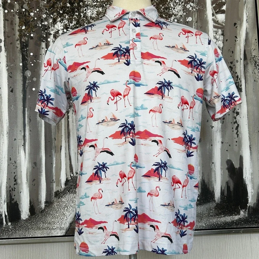 Waggle Men's Flamingo Sunset Short Sleeve Polo - Large - Picture 4 of 8
